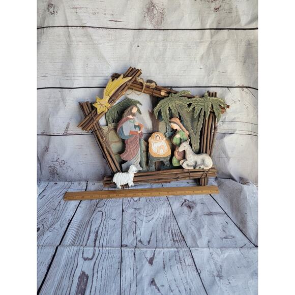 Wood Carved Christmas Nativity Hanging Hand Painted Jesus Mary Joseph Rustic 16" - Picture 8 of 9